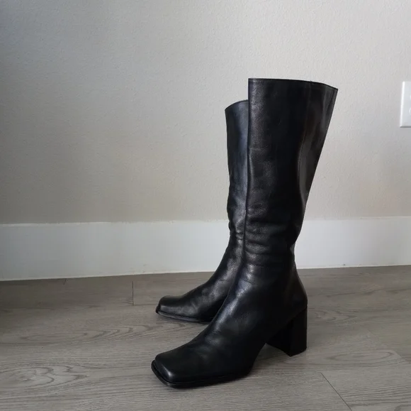 90's Nine West Vintage Y2K Square Toe High Black Leather Boots - Picture 3 of 16